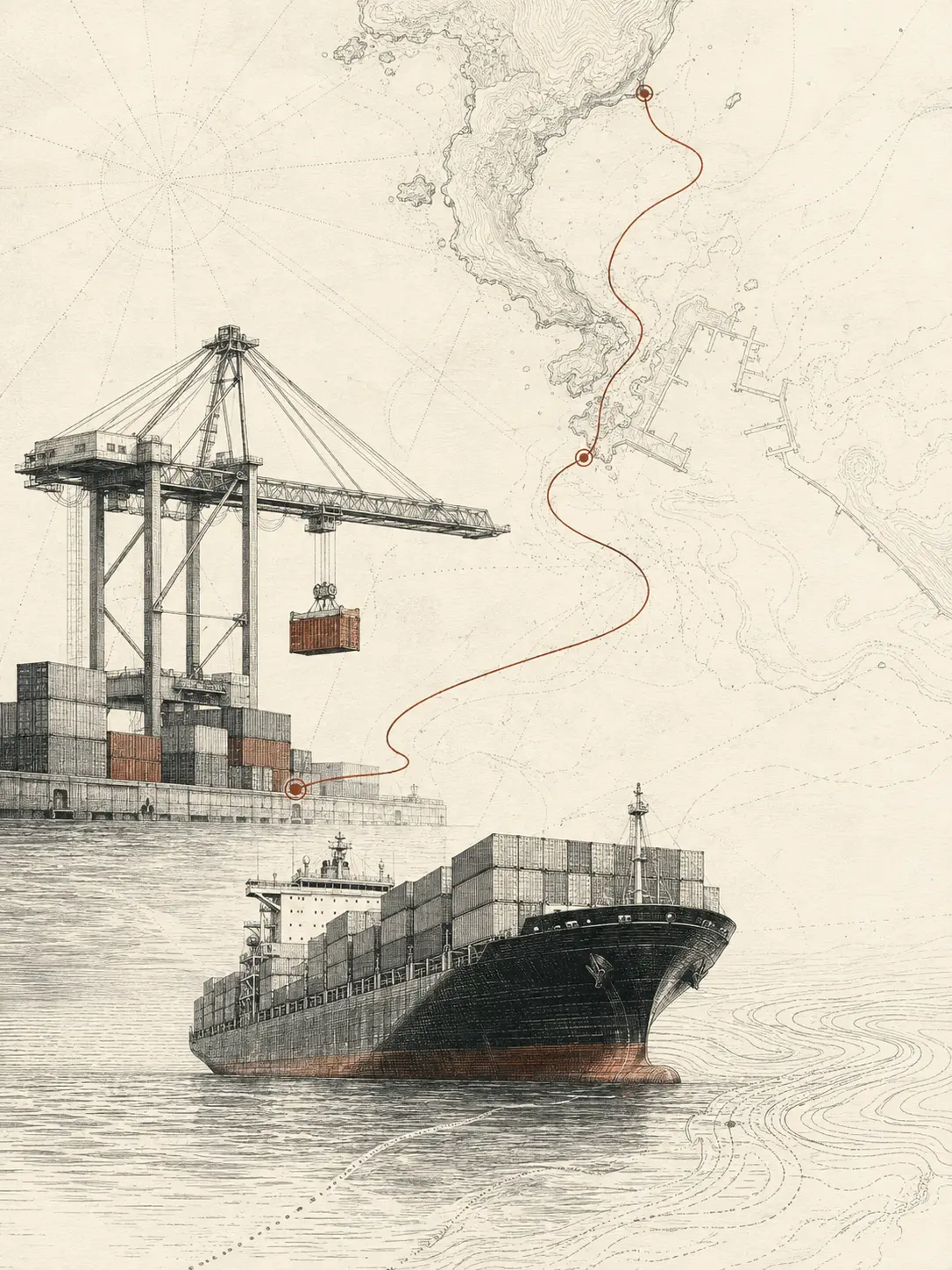 An illustrated export route connecting port and destination